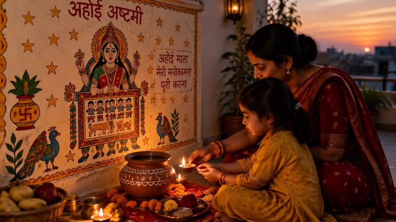 Mother and child lighting a diya before an Ahoi Mata wall painting