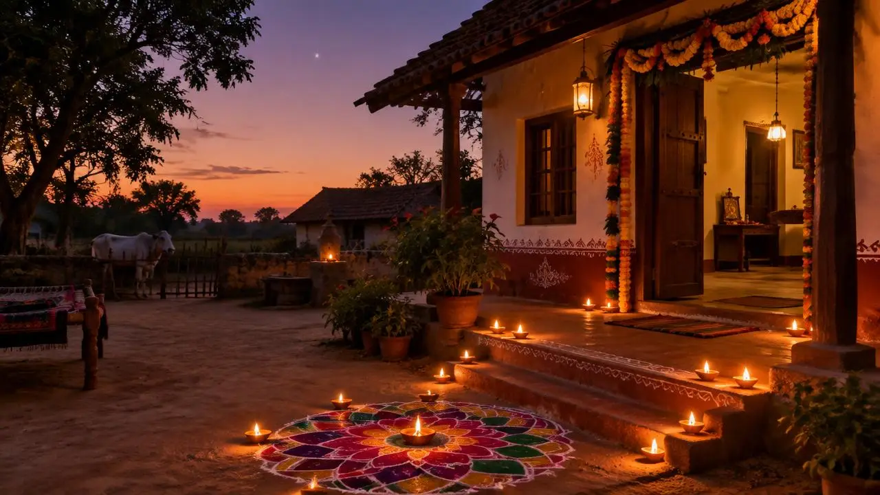 A village courtyard at twilight with a row of glowing clay diyas, a rangoli and a marigold decorated doorway