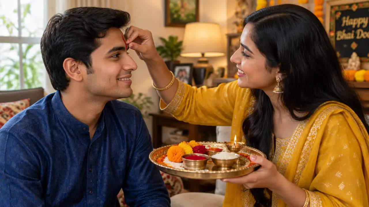 Sister applying tilak on her brother's forehead on Bhai Dooj