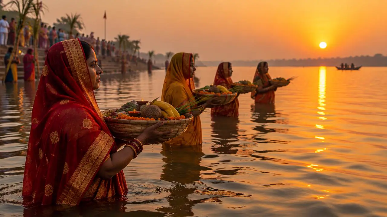 Women in a river at sunset offering arghya with bamboo baskets during Chhath puja