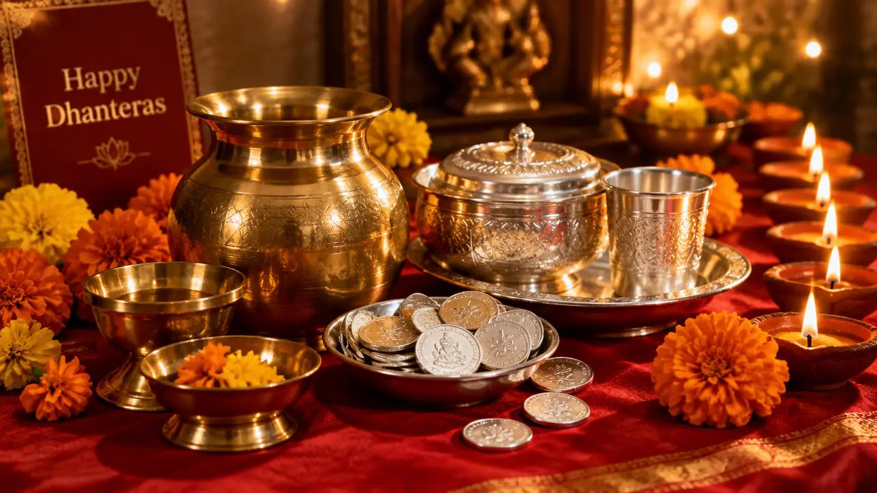 Brass and silver utensils, coins and diyas for Dhanteras