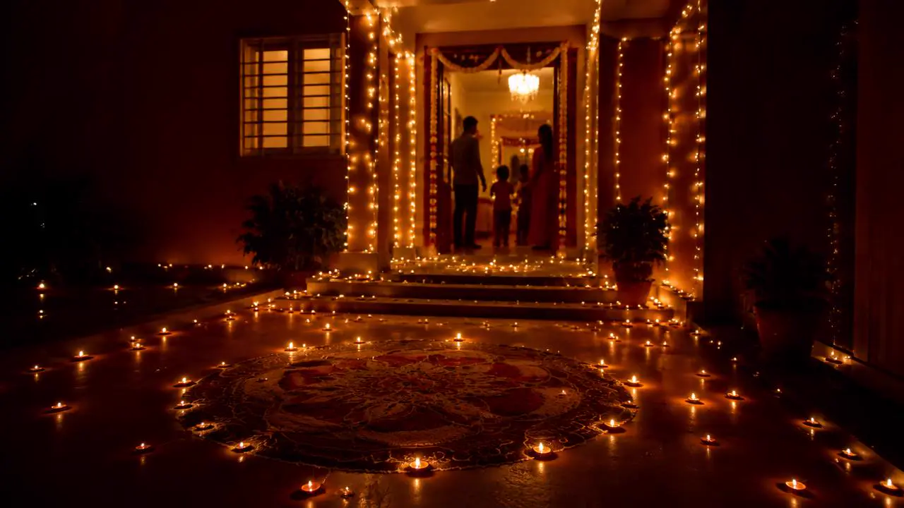 Home entrance with rangoli and hundreds of diyas on Diwali night