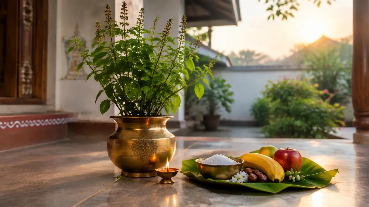 A tulsi plant in a brass pot with a small diya, fruits and sabudana on a banana leaf at sunrise