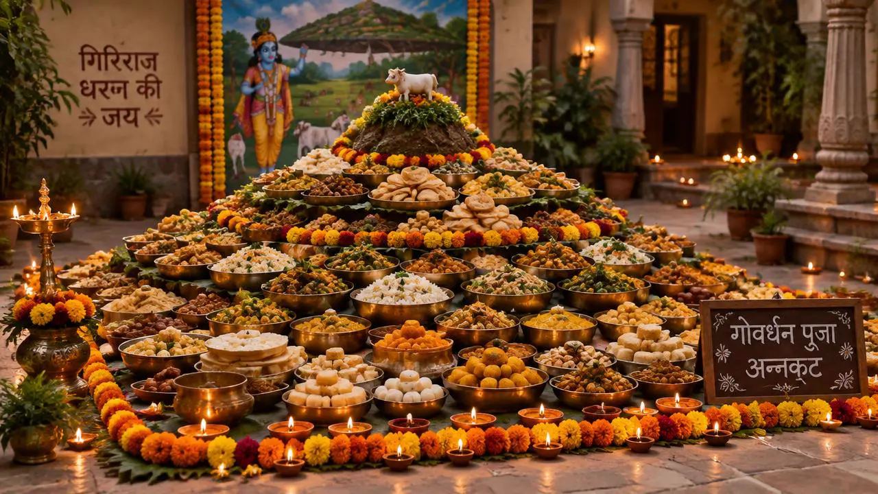 Annakut spread of many dishes arranged as a hill for Govardhan puja