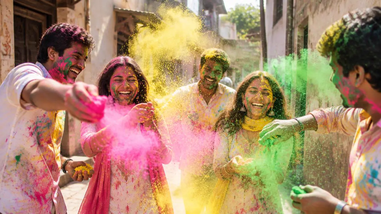 Friends throwing bright colour powder on Holi