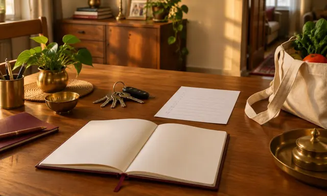 A household planning notebook, keys and groceries on a sunlit table
