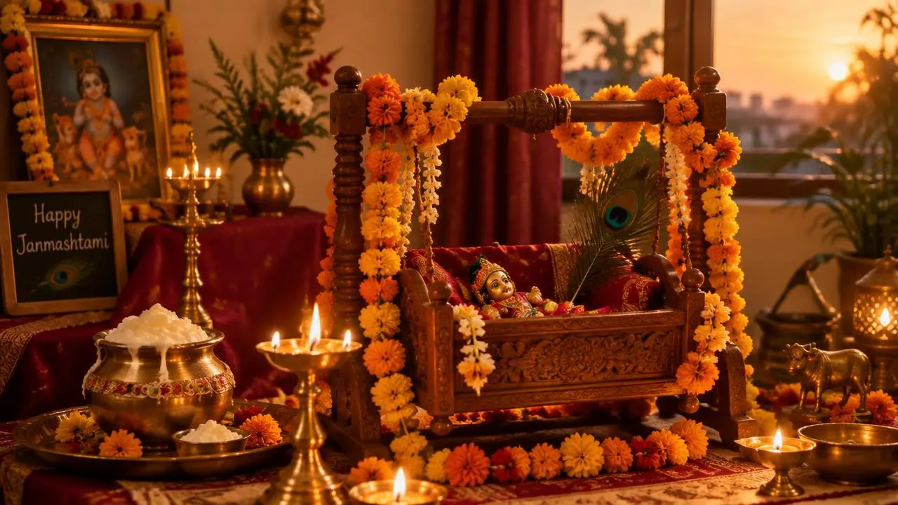 A Janmashtami home shrine with Bal Gopal in a flower decked wooden cradle, a pot of makhan, brass diyas and a peacock feather in warm evening light