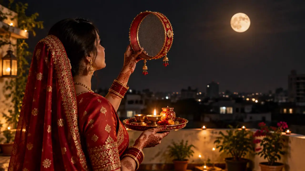 Woman in red saree holding a decorated sieve and thali looking at the moon on Karwa Chauth