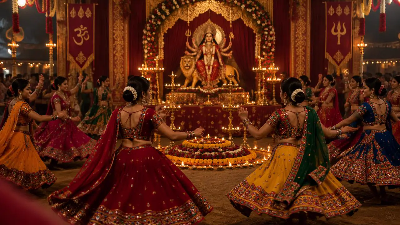 Women dancing garba around a decorated Durga pandal during Navratri