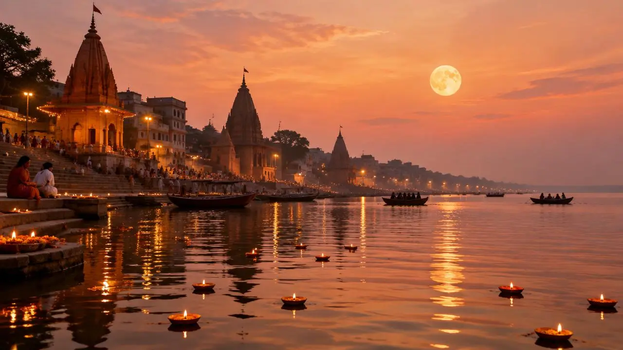 A golden full moon rising over a river ghat at dusk with floating diyas and temple spires