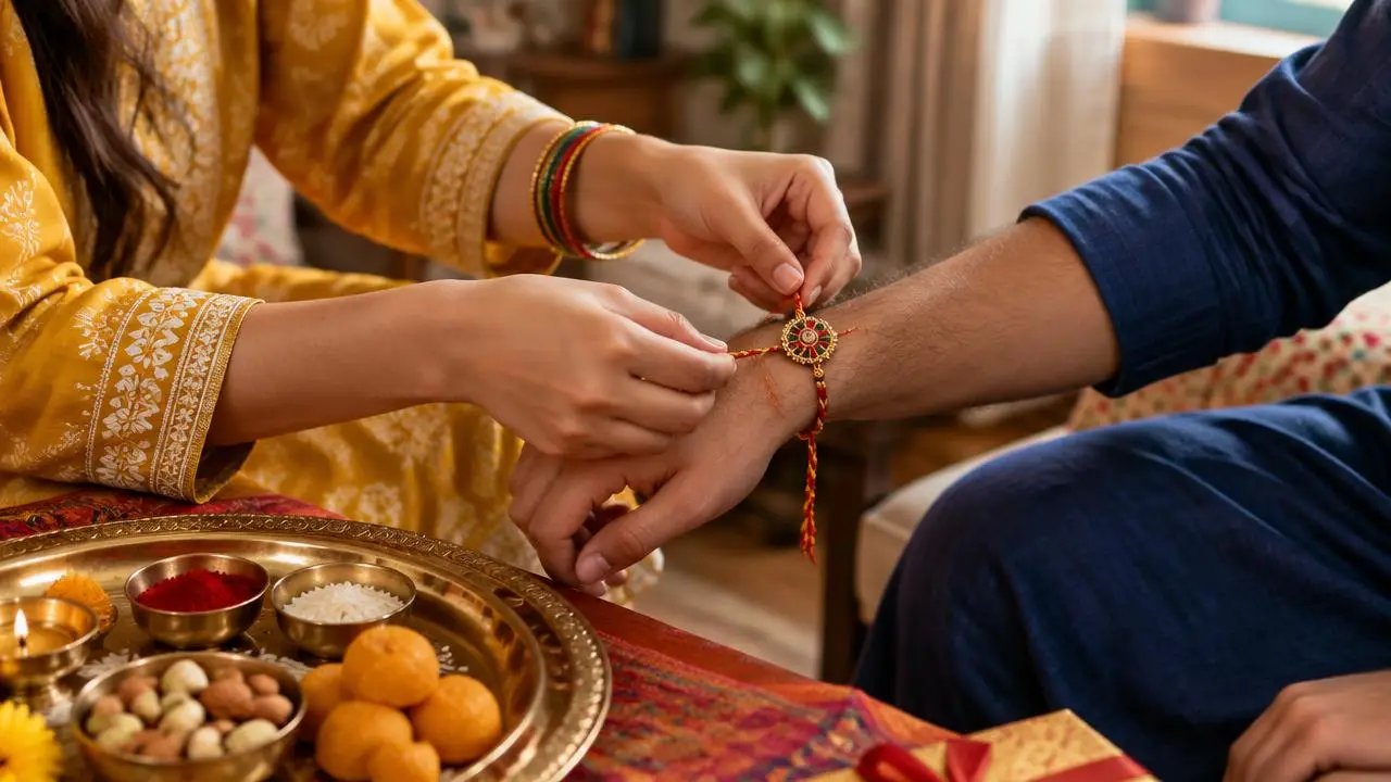 A sister tying a red and gold rakhi on her brother's wrist beside a puja thali with roli, rice and sweets