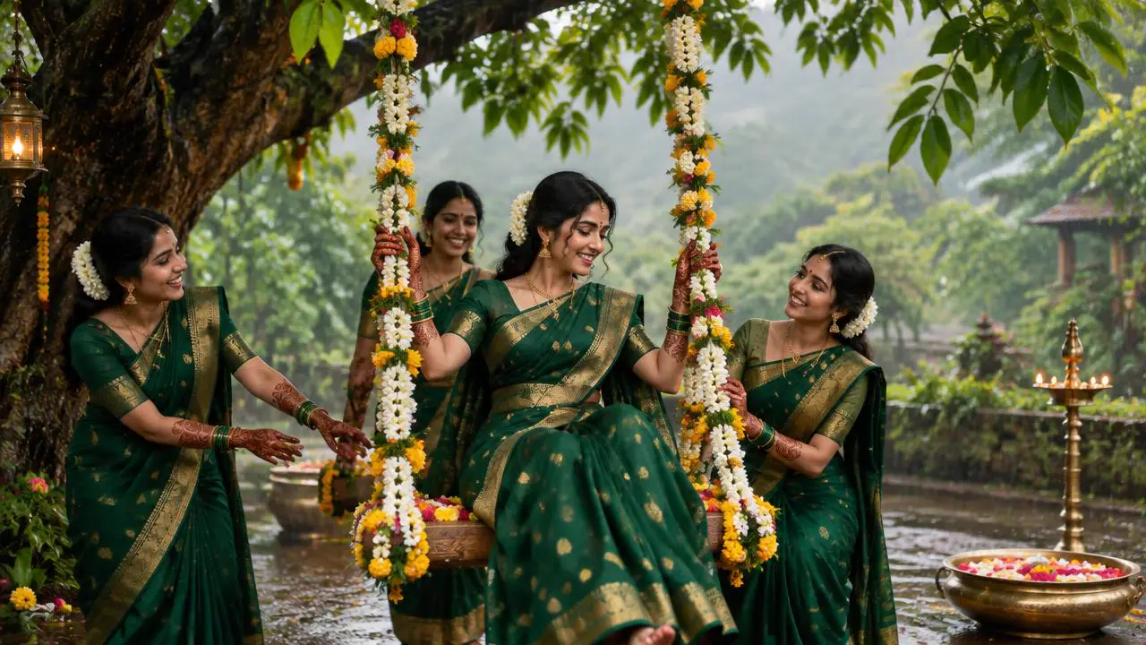 Women in green sarees on a flower swing celebrating Teej
